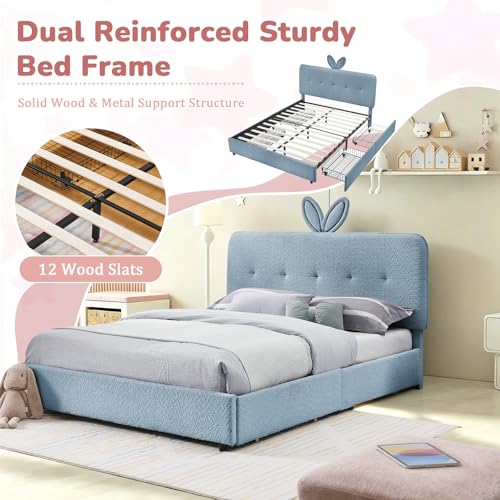 Image of Full Led Bed Frame with 4 Storage Drawer, Upholstered Platform Floor Bed with Rabbit Ear Headboard Daybed Strong Wooden Slats No Box Spring Needed for Kids Girls Boys, Blue