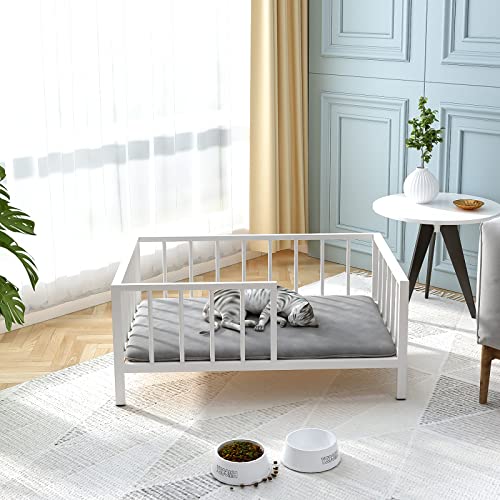 Oschf Dog Bed With Rails - Elevated Pet Metal Bed Frame With Solid Wood Board And Washable Soft Mat For Medium Dog Indoor Or Outdoor Use, 25.2" X 37.8", White #TOP3