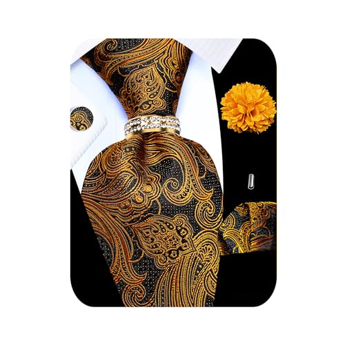 Image of 5PCS Tie and Pocket Square for Men, Silk Necktie and Handkerchief Cufflinks with Gold Ring and Lapel Pin Set
