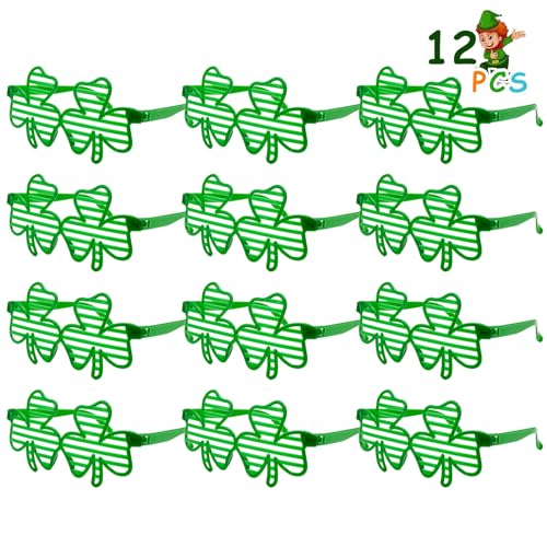 12 Pieces St. Patrick\'s Day Clover Glasses - Green Shamrock Plastic Eye Wear Glasses Set Costume Accessories Party Favors for Kids Adults Irish Celebration Dress Up Props