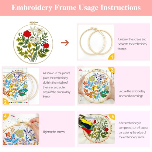 Image of Zhenqing Rose and Lily Cross Stitch Kit for Beginners - 11CT 24x24cm Pre-Printed Pattern with Embroidery Hoop, Threads & Tools, Floral Design(70519)
