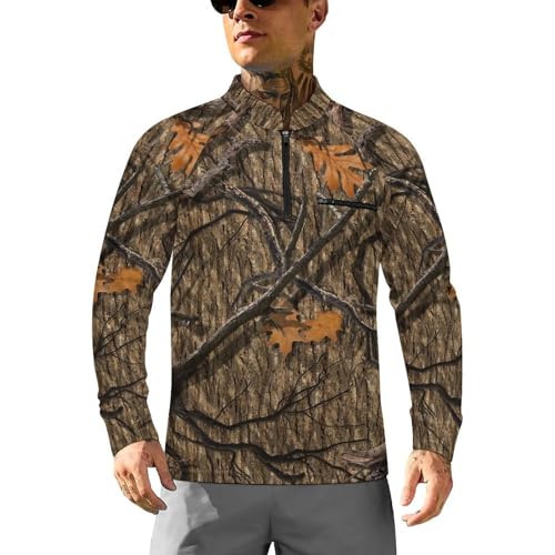 Hunting Camo Men's Rash Guard Long Sleeves Quick Dry Fishing Workout Shirts with Zipper