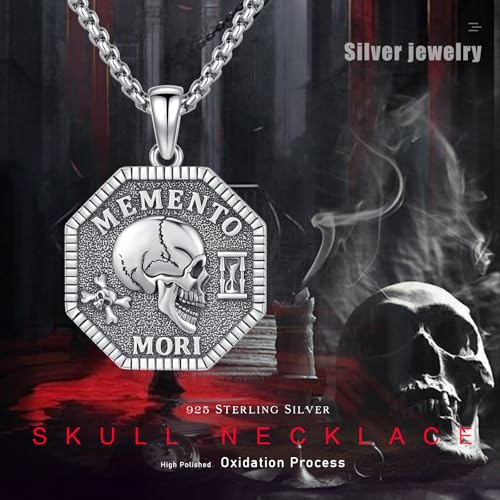 Skull Necklace 925 Sterling Silver Memento Mori Necklace Goth Skull Halloween Jewelry for Men Women2