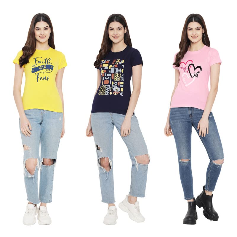 Image of Preneum Women's Cotton Regular Fit Graphic Stylish Printed Short Sleeves Casual T-Shirt || Trending & Stylish (Pack 3), Yellow & Navy Blue & Pink, S