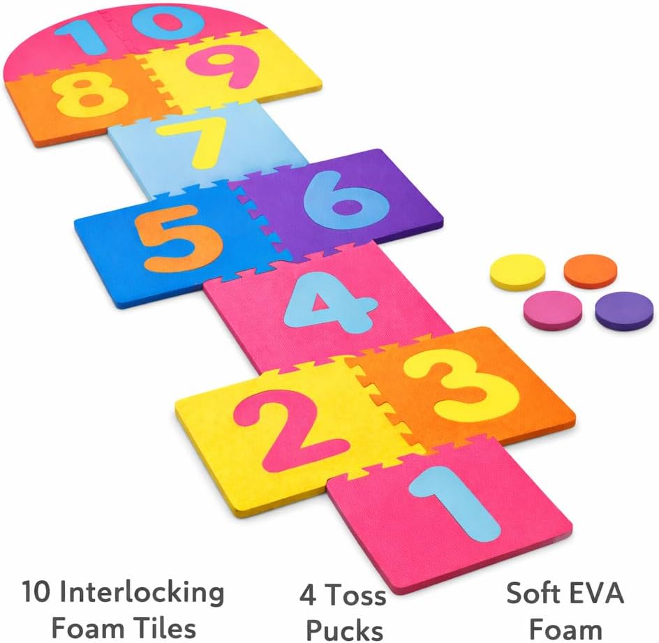Hopscotch Game for Kids - Giant EVA Foam Hopscotch Mat - Indoor & Outdoor Garden Game Set - 10 Interlocking Number Tiles with 4 Toss Pucks - Soft Cushioned Family Party Game - 210 x 60cm