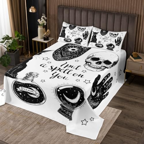 Mysterious Cat Coverlet Set Queen Size Gothic Skeleton Hand Bedspread for Bedroom Decor Boho Constellation Quilted for Teens Gift Magical Potion Bedding with 2 Pillowcases