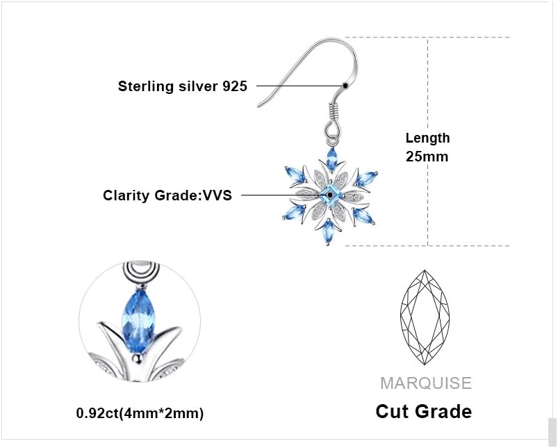 JewelryPalace Snowflake Earrings - Genuine Swiss Blue Topaz Dangle Earrings, 14k Gold Plated 925 Sterling Silver Earrings, Gemstones Birthstone Drop Earrings - Image 2