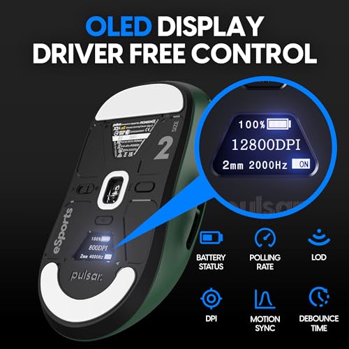 Image of Pulsar Gaming Gears - X2A eS Wireless Gaming Mouse, Founder's Edition, Ambidextrous, Optical Switch, OLED Display, Driverless, PAW3395 Sensor, 100H Battery, 4K dongle Included (Medium, Green)