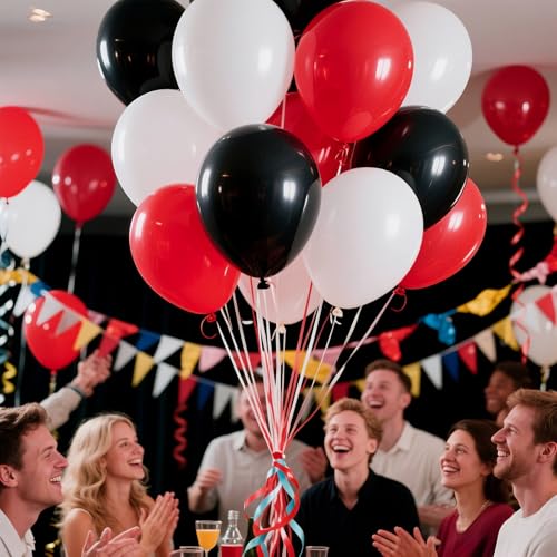 Image of Red and Black Balloons 100Pack 12 inch Matte Black Red and White Latex Balloon Bulk for Birthday Party Graduation Racing Car Poker Card Decorations Supplies