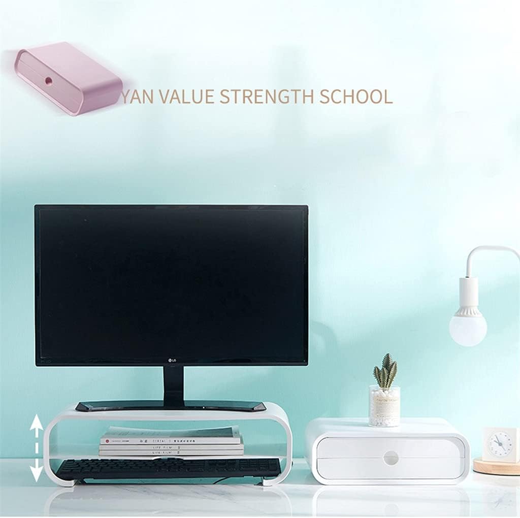 Riser Stand Monitor Holder Office Computer with Drawer PC Laptop ABS Notebook Screen Support Desk Organiser Storage (Colour: Pink) (White) image 4