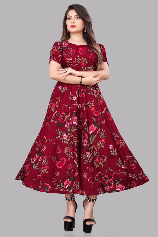 Women Fit & Flare Round Neck Maxi Dress | Lightweight Printed Full Length Dress-image-45