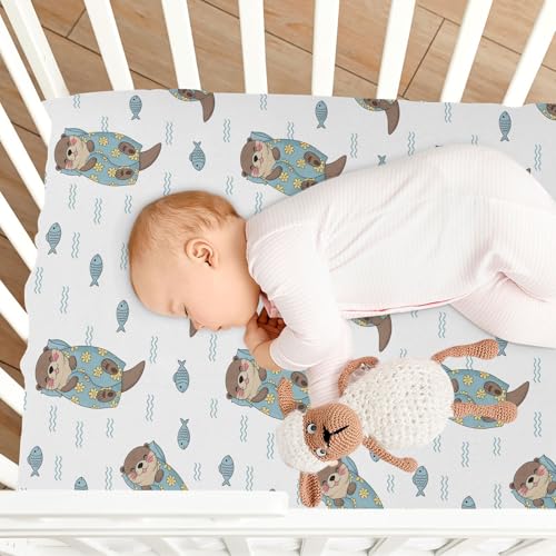 Image of Otter Fish Flowers White Fitted Crib Sheet for Boys Girls Baby Pack n Play Sheets Fitted for Toddler Girl Boy,52 X 28 in