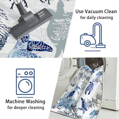 Coastal Nautical Rug for Bedroom & Living Room, Soft Low Velvet Carpet, Washable Beach Area Rug - Modern Blue Sea Turtle, 2x3 - Image 4