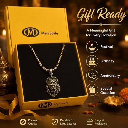 Image of M Men Style Narasimha Metal Pendant With 22 Inch Box Stainless Steel Chain | Lord Narshinha Trident Necklace | Hindu Religious Jewelry for Men & Women