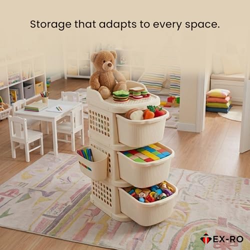Image of TEX-RO 2 Layer Plastic Drawer Cabinet with Wheels & Side Hooks | Stackable Storage Trolley Organiser for Kitchen, Bedroom, Bathroom | Multipurpose Drawers Organisers Rack with Basket - Ivory