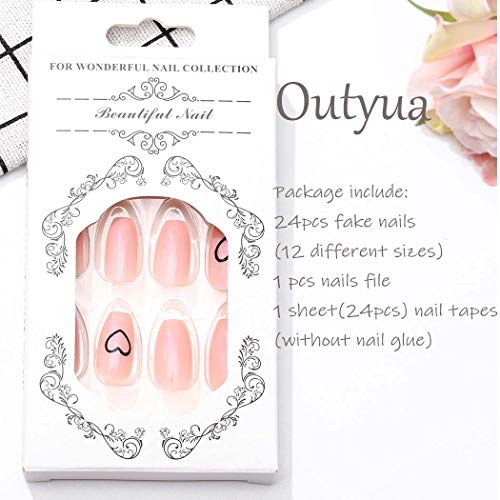 Outyua Heart Press on Nails Long Coffin Fake Nails Acrylic ballerina False Nails Glossy Full Cover Nails for Women and Girls 24pcs
