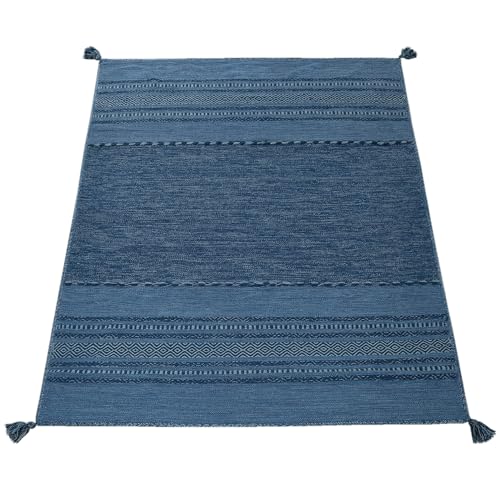 Paco Home Designer Teppich Webteppich Kelim Handgewebt 100% Baumwolle Modern Gemustert Blau, Grösse:120x170 cm