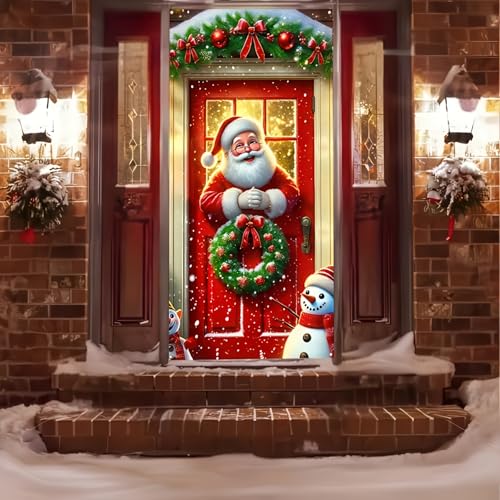 Image of BlissYard Christmas Door Cover Santa Pine Greenery 35x71 Inch Polyester