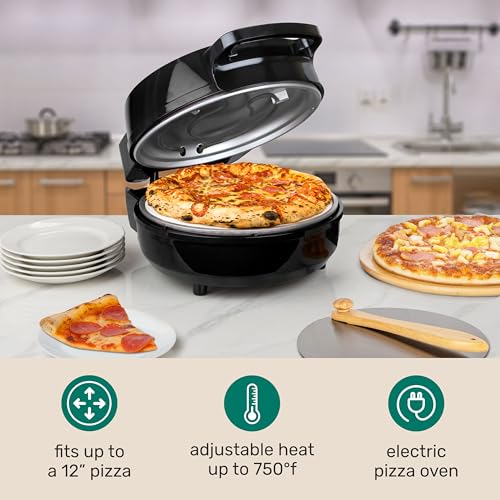 Homecraft Stone Baked Pizza Oven – 12in Woodfired Style Indoor Electric Countertop Pizza Maker – Ceramic Stone & Stainless Steel Peel – Variable Temp Control to 750°F – Homemade Pizza in Minutes-Black by Nostalgia - Image 2