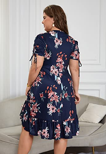 Image of Keluummi Plus Size Summer Wedding Guest Midi Dresses for Curvy Women, Floral V Neck Party Sundress