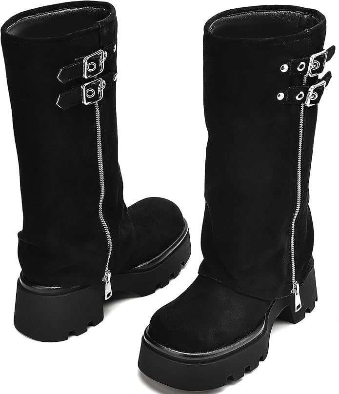 Image of MAVMAX Mid Calf Boots for Women Fold Over Zipper Buckle Riding Boot Black Wide Calf Platform Round Toe Chunky Low Heel Tall Boot Cowboy Biker Motorcycle Boots