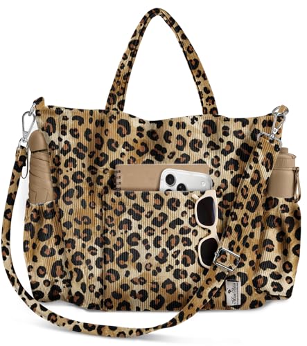 Miss Adola Crossbody Corduroy Tote Bag for Women Large Tote Bag with Multi-Pockets and Zipper Cute Essentials for Travel Work -Classic Leopard
