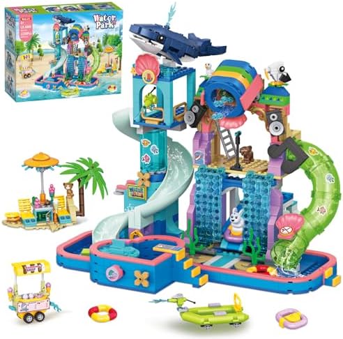 1150Pcs Friends Water Park Building Set, STEM Summer Fun Party Toy with Swimming Pool Slides,Water Canons,Diving Platform,Animal, Pretend Play Kit for kids, Birthday Gifts for Girls Ages 6-12+