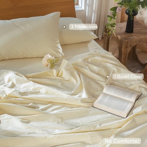 Image of MooMee Duvet Cover Set 100% Washed Cotton Linen Like Queen | Relaxed Linen-like Texture. Soft, Breathable & Long-lasting Comfort. Lightweight. Hidden Zipper with 8 Interior Corner Ties
