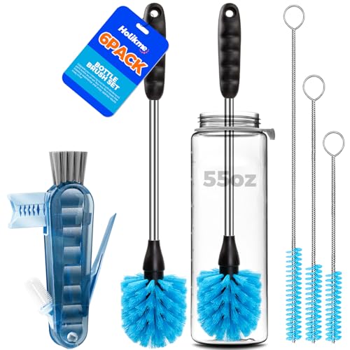 Image of Holikme 6 Pack Brush Set, 14 inch Long Handle Stainless Steel Cleaner, 3 Straw Brushes, 4-in-1 Cleaning Brush for Water and Baby Bottles Straws, Aqua