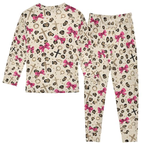 ALAZA Brown Leopard Print Bow Pajamas Long Sleeve Sleepwear 2-Piece Pajama Set2