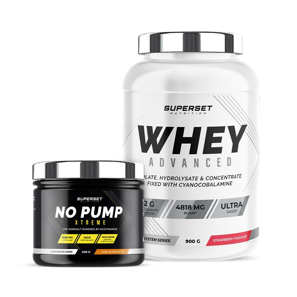 Superset Nutrition - Fitnessprogramm Energie - 100% Whey Protein Advanced 900g Chocolate- No Pump Xtreme Long Island Icetea