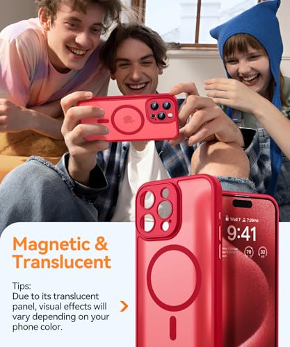 Image of CANSHN Magnetic Compatible with iPhone 15 Pro Case, Upgraded [Full Camera Protection] [Compatible with Magsafe] [Translucent Matte] Shockproof Protective Phone Case Cover 6.1 Inch - Red
