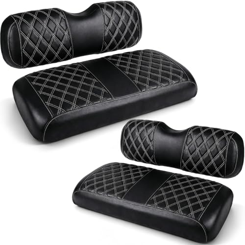BBTO 4 Pcs Golf Cart Seat Covers Kit Compatible with EZGO TXT 1994-2013/EZGO RXV Ordinary Seat Front and Rear Cushion Covers with Thick Premium Leather Easy to Clean Black