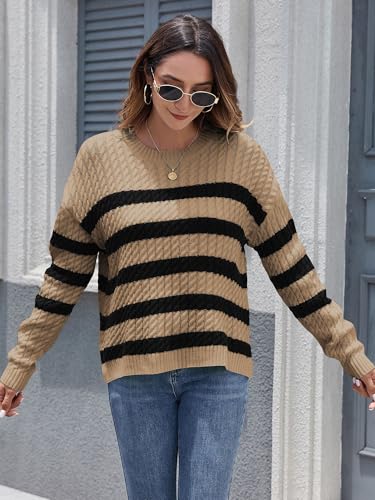 Image of ZAFUL Women's Striped Sweaters Casual Crew Neck Long Sleeve Pullover Oversized Cable Knit Loose Jumper Tops