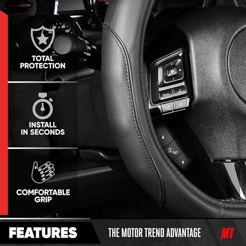Image of Motor Trend Stealth D-Shaped Steering Wheel Cover - Premium Flat Bottom Car Steering Wheel Cover, Black Faux Leather Sterring Wheel Cover, Standard 15 inch