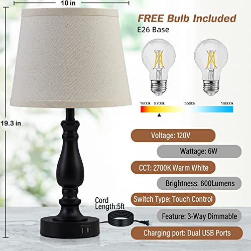 Lamps For Bedrooms Set Of 2, Touch Bedside Table Lamps With Usb Ports, 3 Way Dimmable Nightstand Lamps With Round Fabric Linen Lampshade For Living Room Reading Bed Side End Table, Bulbs Included #TOP4
