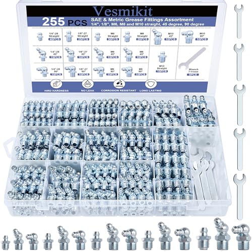 255PCS Grease Fittings Assortment,SAE & Metric Grease Zerk Fittings 1/4" 1/8" M6 M8 M10 straight 45 90 degree with Wrench Kit(7-11mm) for Grease Gun,Fit Tractor Vehicle Excavator Trailer Equipment by Vesmikit - Used condition - US$25.44