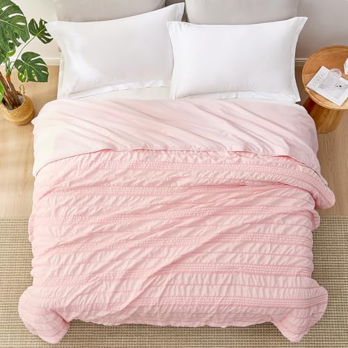 Cozy Bliss Seersucker Cooling Comforter Queen Size, Q-Max 0.45 Reversible Lightweight Cooling Blanket, Breathable Silk Smooth Summer Bedding Quilt for Hot Sleepers Night Sweats Pink