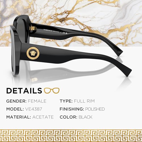 Versace VE4387 56mm Non-Polarized Rectangle Sunglasses for Women – Black Acetate Frame with Black Temples, 100% UV Protection, Lightweight & Comfortable Sunglasses, eShades Eyewear Kit Included2