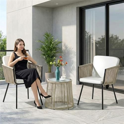 Image of BRISHI Garden Patio Seating Chair and Table Set Outdoor Balcony Garden Coffee Table Set Furniture with 1 Table and 2 Chairs Set Braid & Rope (Beige), 58 cm, 64 cm