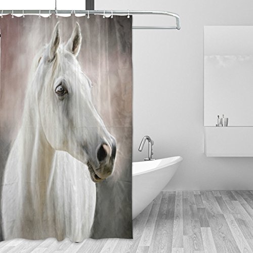 JSTEL Duschvorhang mit weißem Pferd, schimmelresistent & wasserdicht, Polyester, 183,9 x 183,9 cm, für Zuhause, extra lang, dekorativ, mit 12 Haken