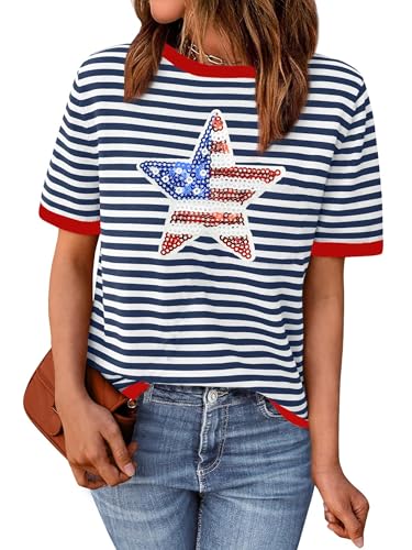 Image of Ithalt Women 4th of July Shirt Fourth of July Shirts USA Sequin Tshirt American Patriotic T-Shirt Stripes Tee Tops
