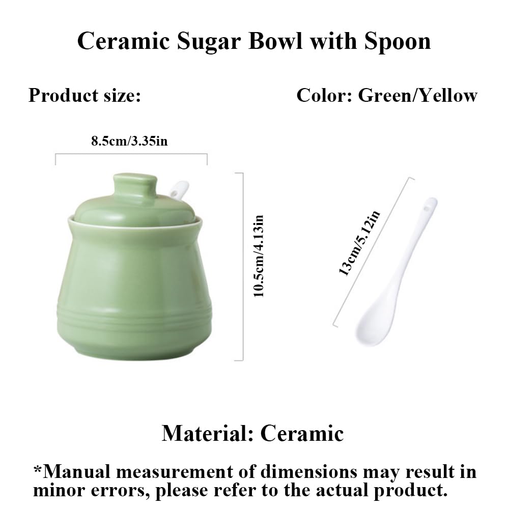 YMYL Ceramic Sugar Bowl with Lid and Spoon, 12oz Farmhouse Porcelain Sugar Pot for Coffee Bar, Salt Pepper Container Kitchen Decor and Accessories (Green)