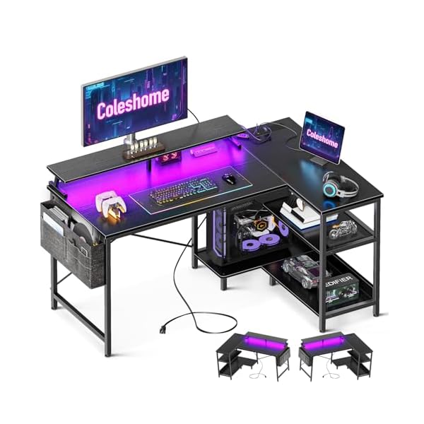 Coleshome L Shaped Gaming Desk with LED Lights, 120 × 80 cm Computer Desk with Power Outlet, Reversible Corner Gaming Table with Storage Shelves & Monitor Stand, Black