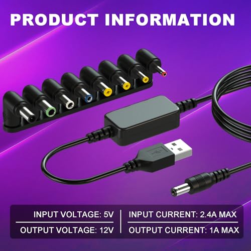DROK USB to 12v Adapter - 5v to 12v Step Up Converter, 1.1m/3.6FT USB to DC Power Cable Boost Converter with 8 Elbow DC Plug Adapter4