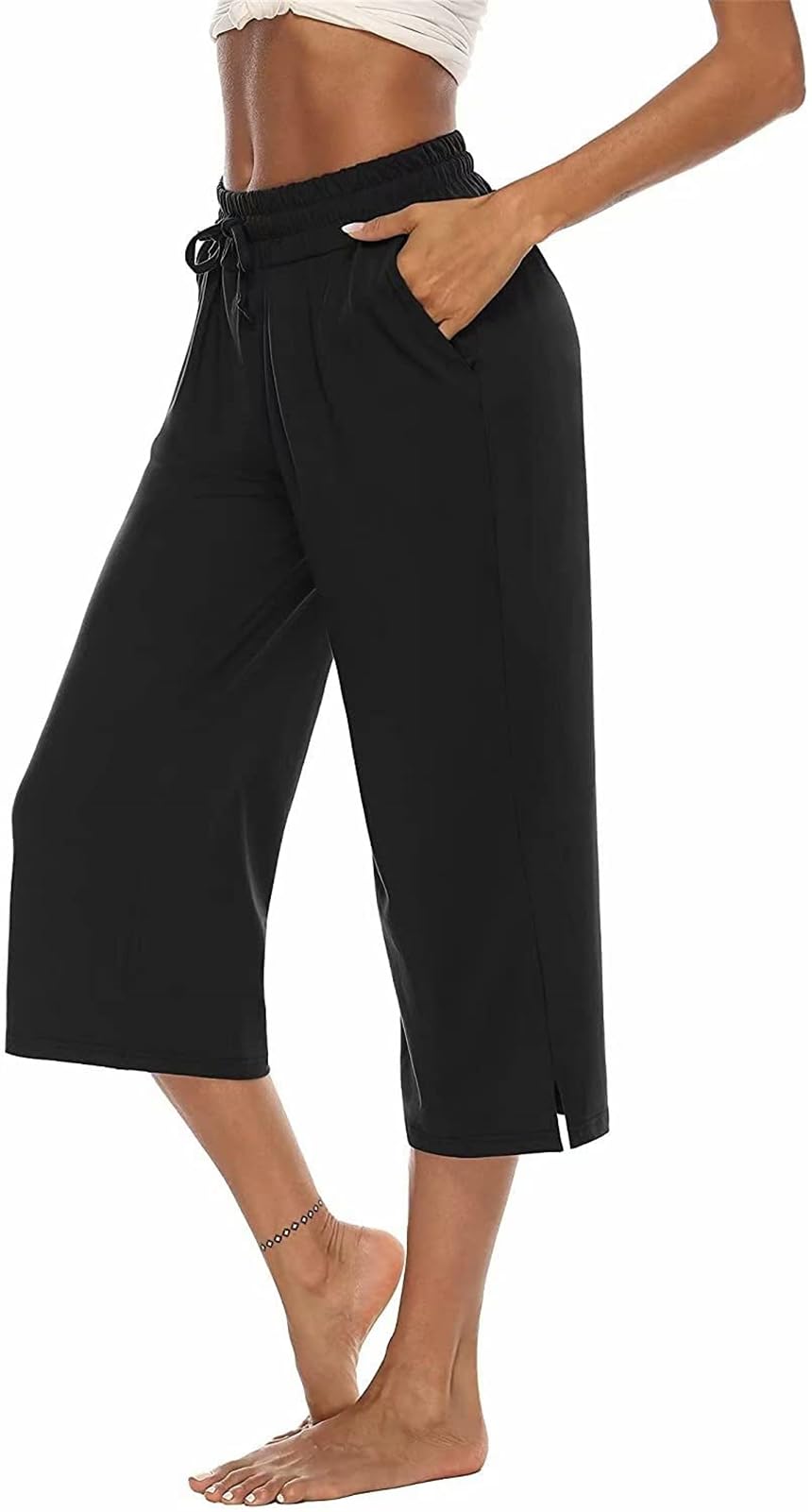 ASKSA Damen 3/4 Hose Caprihose Weites Bein Bequeme Freizeithosen Jogginghose Lose Yoga Sweathose Sommerhose mit Taschen