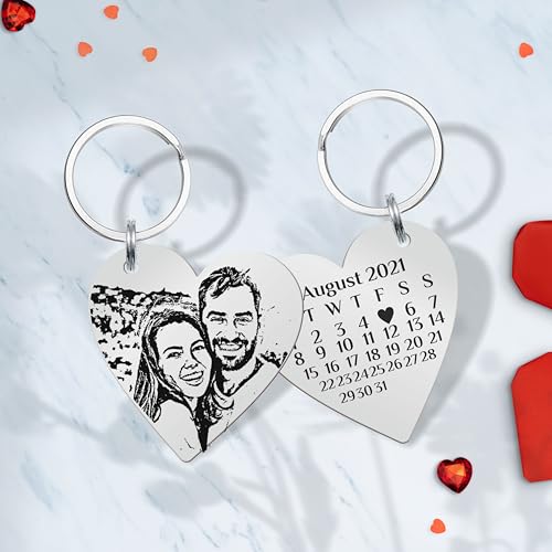Image of Customized Photo Keychain & Date Engraved Calendar Keychain on Stainless Steel Best Gift For Couple, Bridesmaid, Women, Men And All To Your Loved Ones