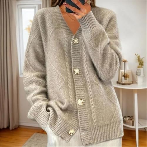 Womens Textured Knitted Coat V-Neck Long Sleeve Single Breasted Cardigan Loose Fit Casual Button Down Sweater Tops2