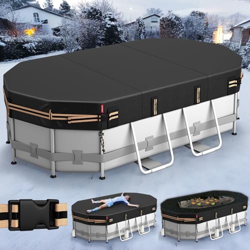 QH.HOME Ovale Winter-Poolabdeckung für Bestway/Intex/Coleman Frame Oval Pool, 3 x 4,8 m, [ausgezeichnet winddicht] mit verstellbaren Schnallenriemen und Gewichttrageringen, kälte- und UV-beständig
