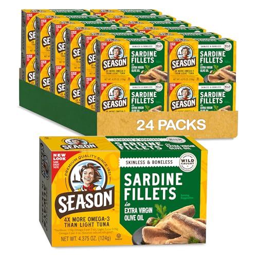 Season Sardines in Extra Virgin Olive Oil - Skinless & Boneless, Wild Caught, 22g of Protein, Keto Snacks, More Omega 3's Than Tuna, Kosher, Premium Quality, Canned Sardines - 4.37 Oz Tins, 24-Pack